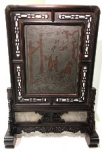  清中期紫檀座屏, 蘇州, 鍚嵌紫銅, 兩面分: 1/金榜題名, 2/玉兔朝元 Mid Qing dynasty table screen with two sided painting on zither with red bronze, from Suzhou, zitan wood